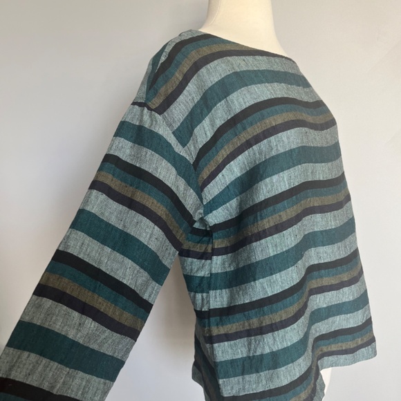 Eileen Fisher Cross-Dyed Organic‎ Linen Top Striped Teal Multi Box Tee Blouse - Picture 5 of 11